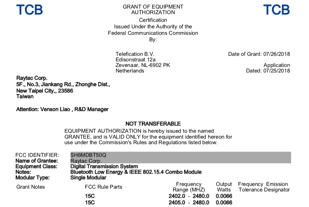 Nordic nRF52840 MDBT50Q FCC Certificate