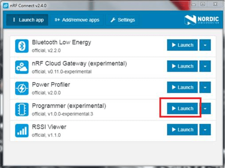 nRFConnector Launch the Programmer