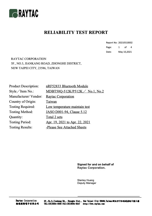 Raytac CorporationWireless Module ManufacturerReliability Test Report ...